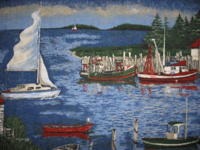 Image 1 of Harbor Scene Sailboats Pines Fleece Blanket Panel 