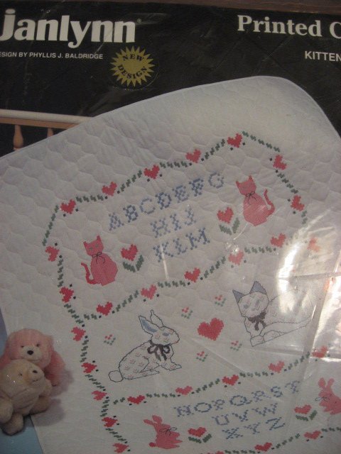 Image 0 of Janlynn printed cross stitch kitty bunny Baby Quilt to sew  