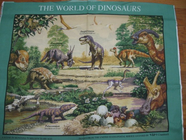 Image 1 of Dinosaur Prehistoric Animal Teacher United States Postal all cotton fabric panel