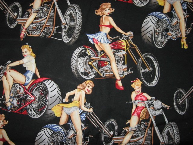 Image 0 of Sexy Motorcycle Pinup Girl Biker Fabric by the yard out of print rare 2003