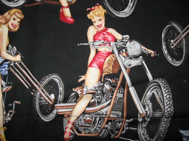 Image 1 of Sexy Motorcycle Pinup Girl Biker Fabric 1/4 yard out of print rare 2003