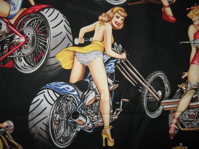 Image 2 of Sexy Motorcycle Pinup Girl Biker Fabric by the yard out of print rare 2003