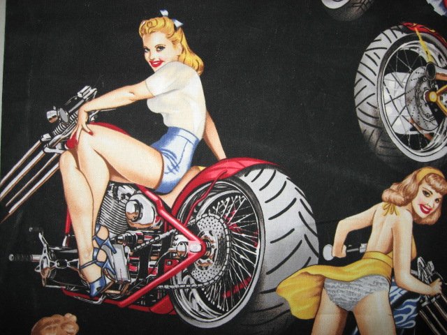 Image 3 of Sexy Motorcycle Pinup Girl Biker Fabric by the yard out of print rare 2003