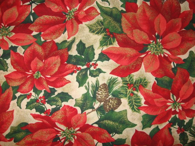 Pointsettia Flowers Pine cones and Holly Berries Cotton Fabric 58 wide