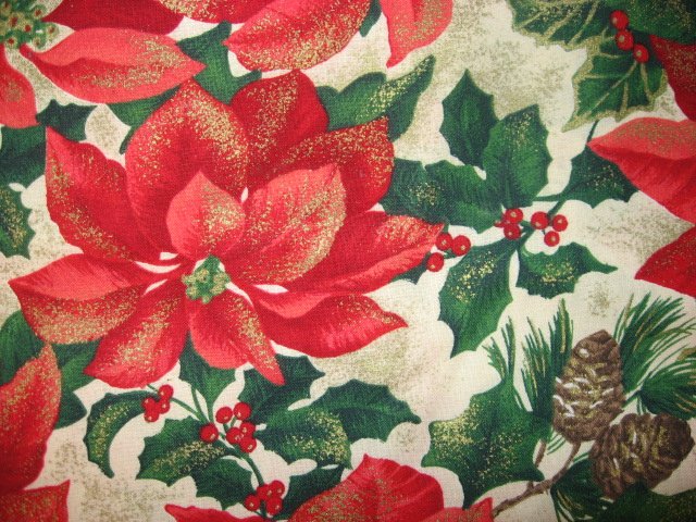 Image 1 of Pointsettia Flowers Pine cones and Holly Berries Cotton Fabric 58