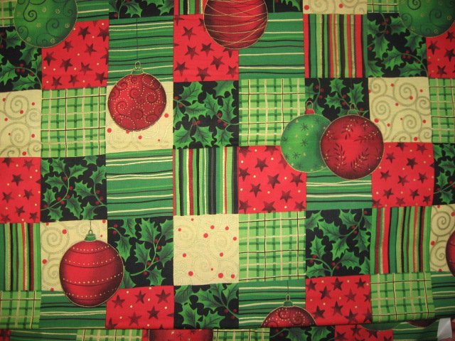 Stripes Squares Stars and Christmas Bulbs Cotton Fabric By the yard