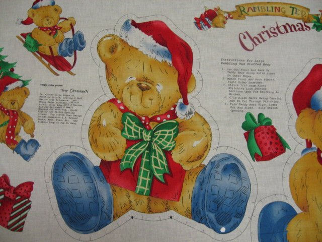 Image 1 of Rambling Ted Christmas Teddy Bear Fabric Panel to sew