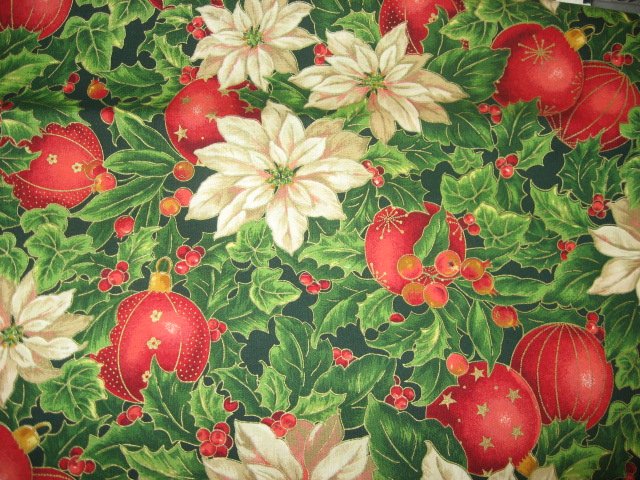 Image 0 of Gilded ornaments Pointsettia Christmas Cotton Fabric by the yard 