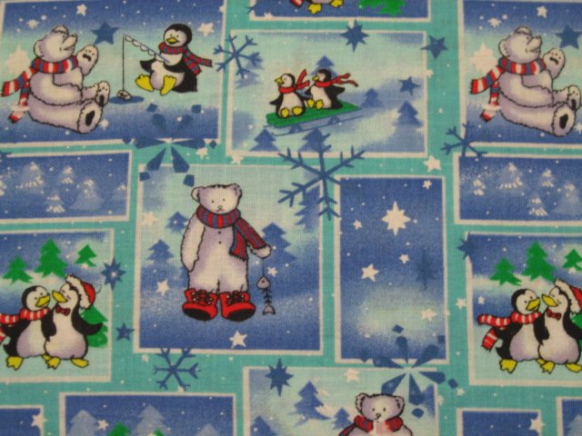 Bear penguin Fabric By the Yard Whimsical Cotton  Block Form winter snow