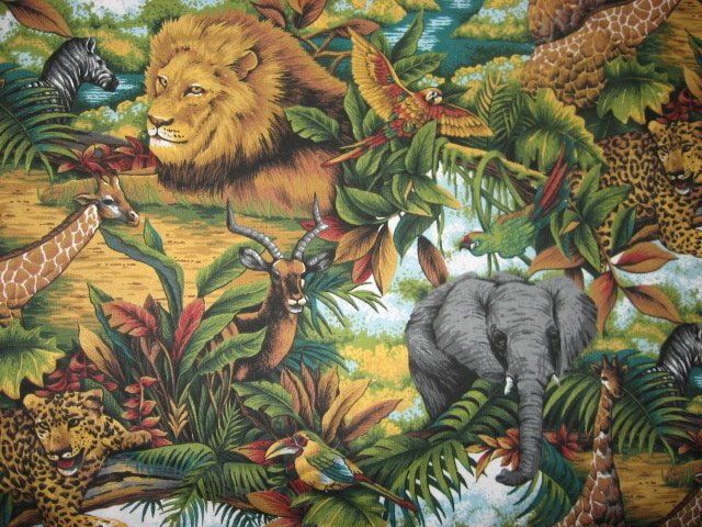 Image 0 of Lions Giraffes gazelle and Elephants in the jungle Cotton fabric by the yard