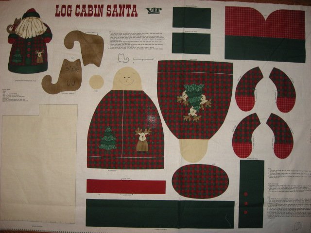 Image 0 of Log Cabin Christmas Santa and a gingham Kitty Stand up Fabric doll panel to sew