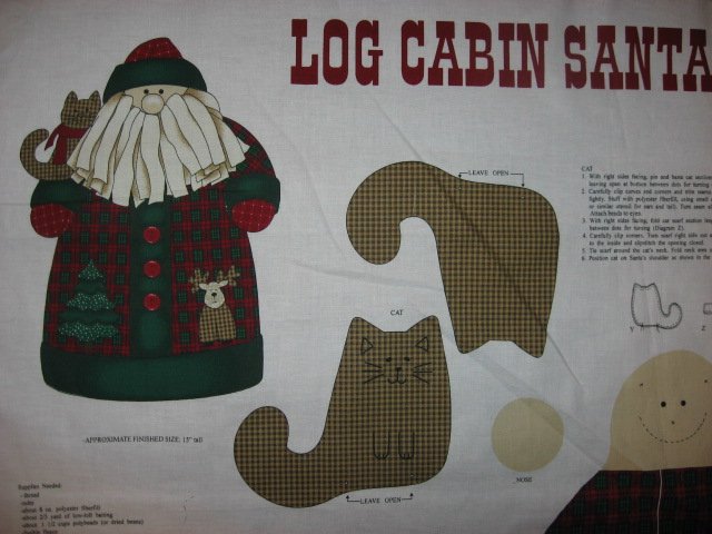 Image 1 of Log Cabin Christmas Santa and a gingham Kitty Stand up Fabric doll panel to sew
