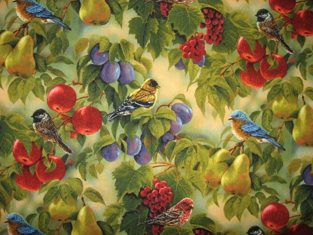 Image 0 of Bluebirds Apples Berries Pears plums 100% cotton Sewing Fabric by the yard 