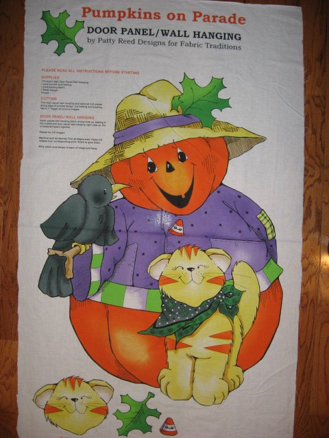 Image 1 of Halloween Pumpkin Crow Kitty rare cotton fabric wall or door panel to sew