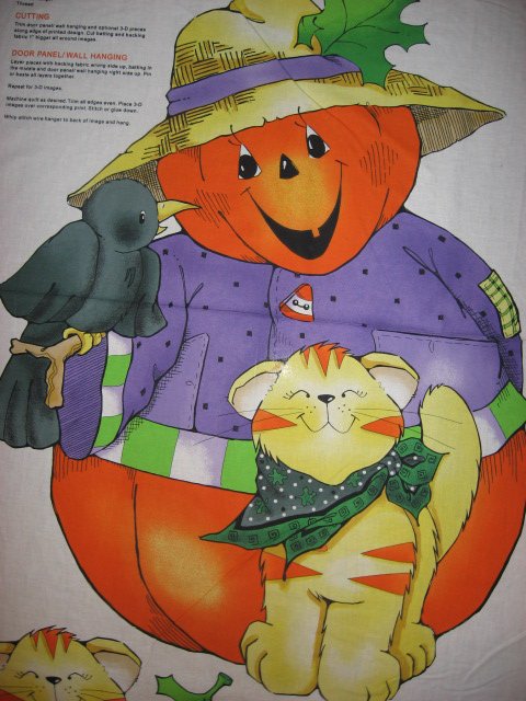 Image 0 of Halloween Pumpkin Crow Kitty rare cotton fabric wall or door panel to sew