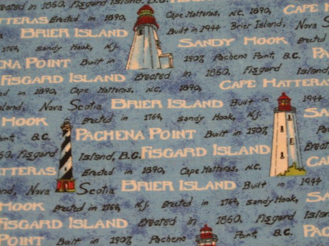 Nautical Lighthouse Names Sea Ocean Cotton Fabric by the yard