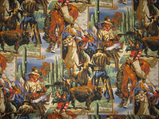 Image 0 of Southwest Cowboys Horses buffalo and wolves 100% cotton sewing fabric 