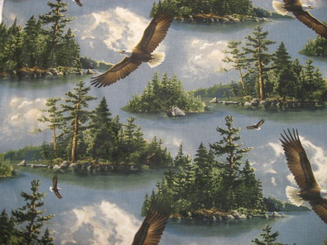 Image 0 of Eagles Flying over Lake Pine trees island Sewing Fabric by the yard