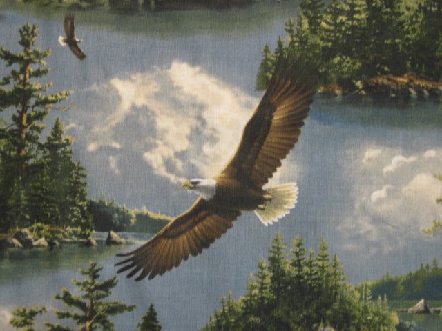 Image 1 of Eagles Flying over Lake Pine trees island Sewing Fabric by the yard