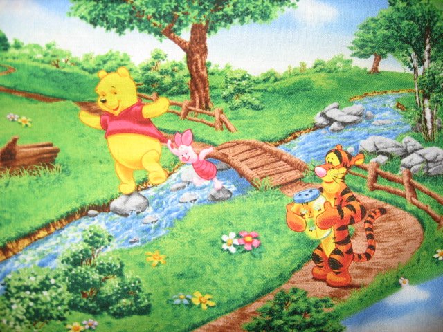 Image 1 of Winnie The Pooh Tigger and Eeyore in the park Fabric by the 1/2 yard