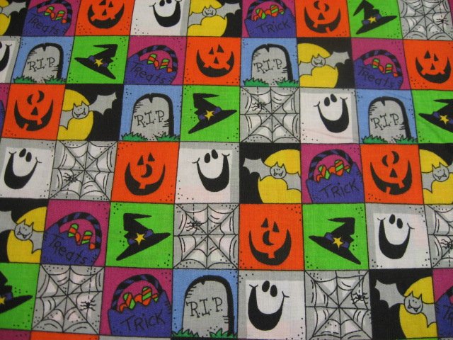 Image 0 of Halloween Ghost Bat Pumpkin Tombstone cotton fabric by the yard 