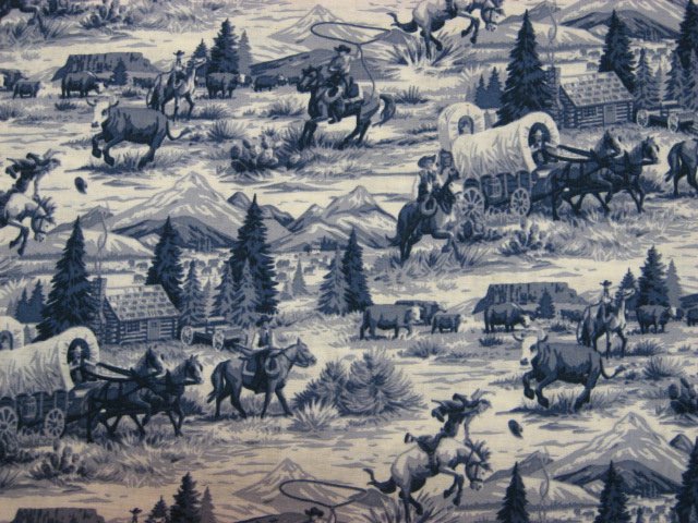 Cowboys Horses Stagecoach blue toile sewing fabric by the yard