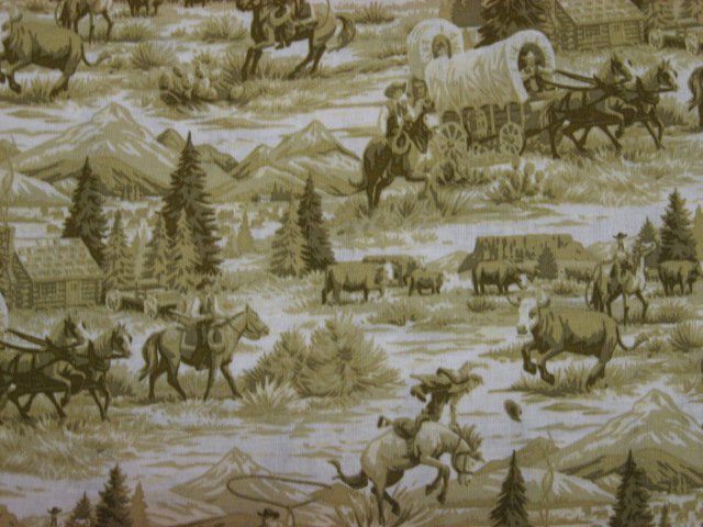 Image 0 of Cowboys Horses Stagecoach Beige Toile sewing fabric by the yard