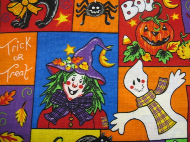 Image 1 of Happy Scarecrow Cat Halloween Witch Pumpkin Ghost fabric by the yard