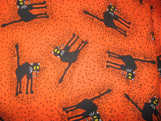 Image 0 of Halloween Scared Black Cat Orange 100% cotton sewing fabric by the yard 