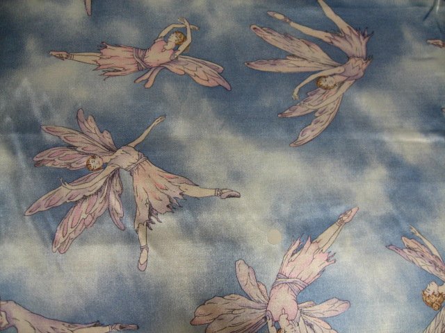 Dancing Winged Fairies Blue Flannel Backed Satin Fabric by the yard