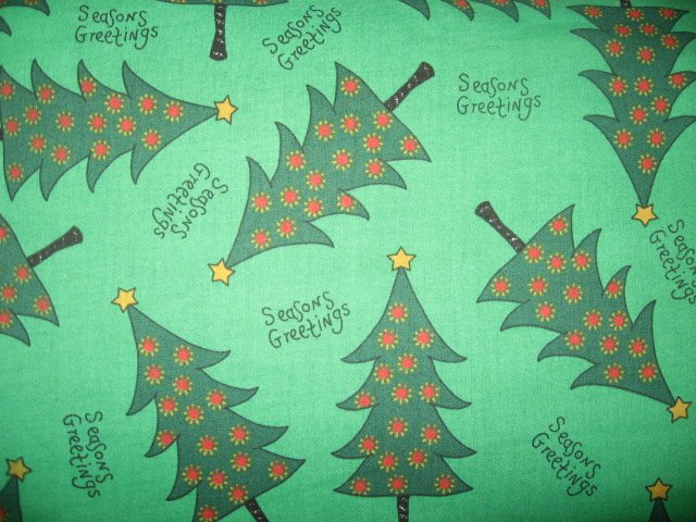 Seasons Greetings Christmas Trees Green Cotton Fabric by the yard