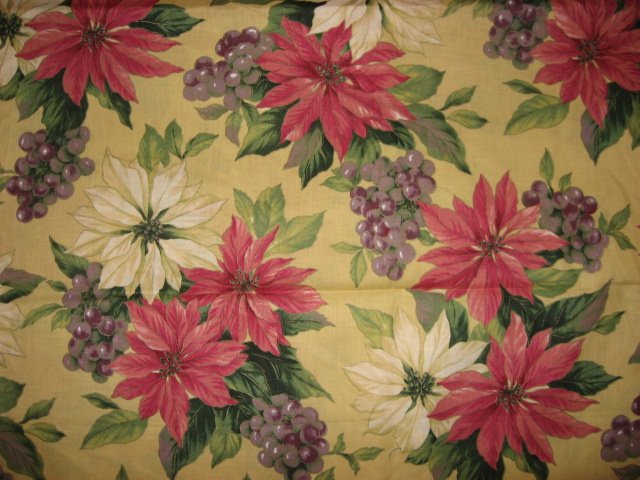 Grapes and Pointsettias Christmas Beige Cotton Fabric 60 wide