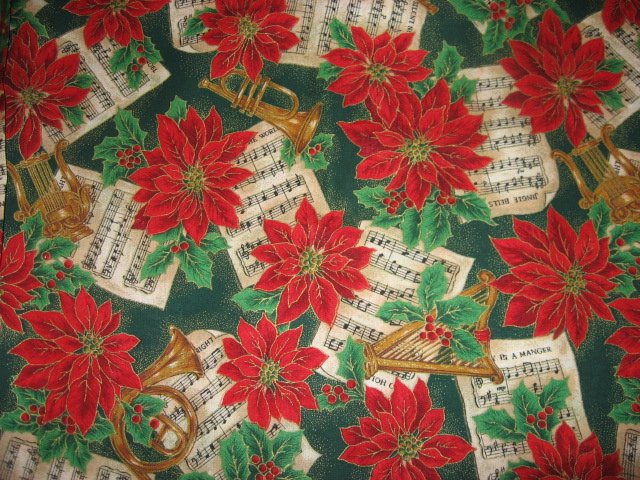 Image 0 of Pointsettia Flowers trumpets harps and Christmas Sheet Music 100% Cotton Fabric 