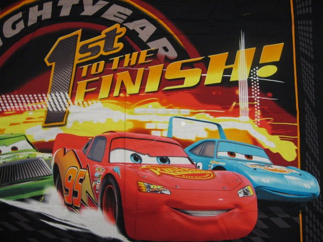 Image 1 of first to the finish Pixar Cars Cotton Fabric Quilt Wall Throw Panel to sew   