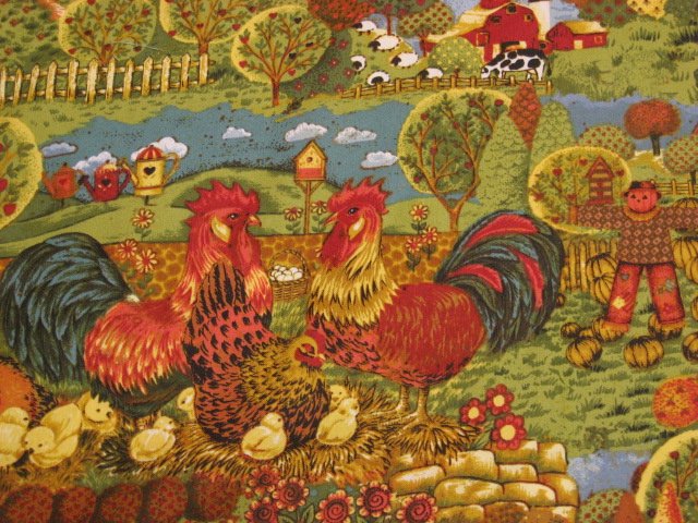 Country farm chickens roosters trees cotton Fabric By The artist Ro Gregg