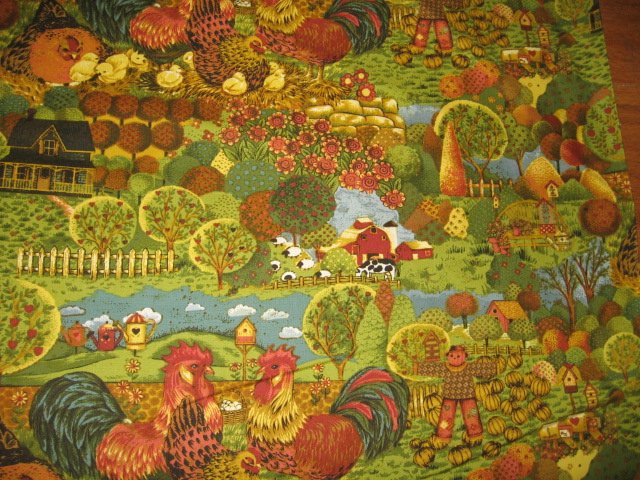 Image 2 of Country farm chickens roosters trees cotton Fabric By The artist Ro Gregg