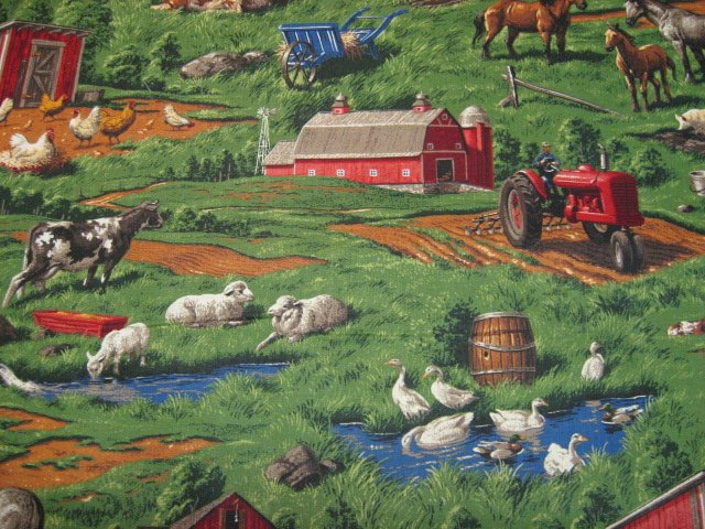 Country Barns tractors Chickens horses cows pigs realistic fabric by the yard