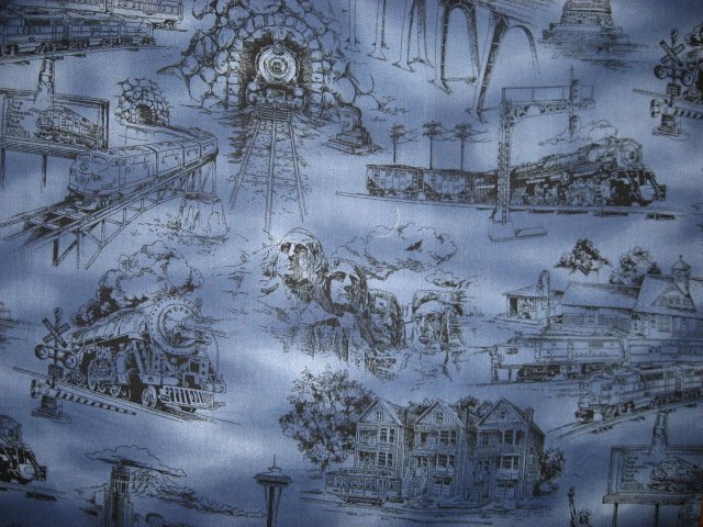 Statue of Liberty Rushmore Space Needle Country blue Toile Fabric by the yard
