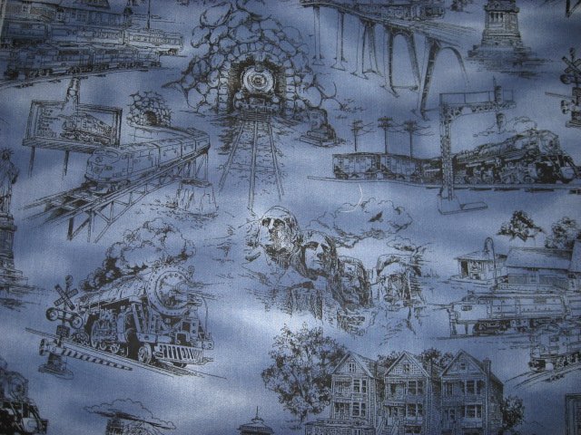 Image 1 of Statue of Liberty Rushmore Space Needle Country blue Toile Fabric by the yard