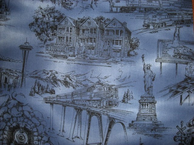 Image 3 of Statue of Liberty Rushmore Space Needle Country blue Toile Fabric by the yard