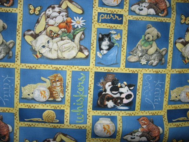 Image 0 of Wilmington Kitty Cats with stuffed animals Cow Bunny fabric by the yard