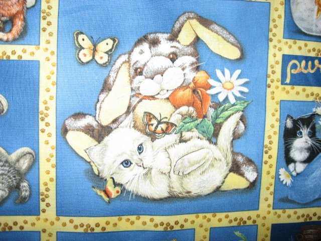 Image 1 of Wilmington Kitty Cats with stuffed animals Cow Bunny fabric by the yard
