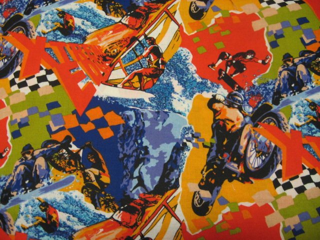 Sports collage motorcycles skateboards sailing and surfing Fabric by the yard