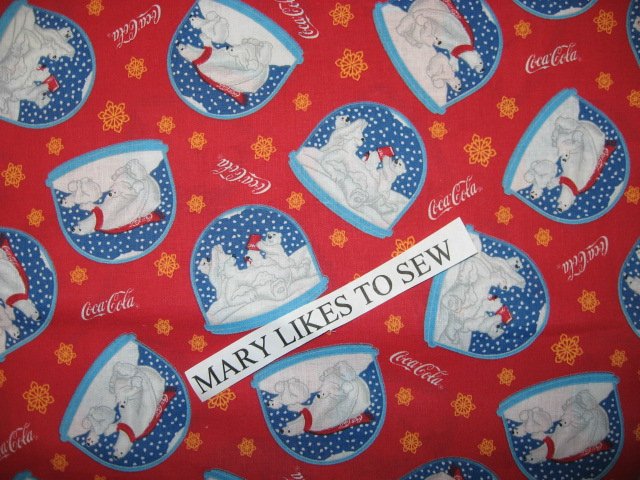 Image 0 of Coca-Cola Coke Snow Globe Coke Bear ORIGINAL cotton Fabric 1 yard and 29