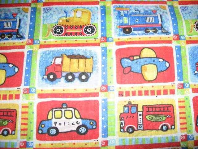 Image 0 of Train tractor airplane dump truck fire police cotton fabric to sew