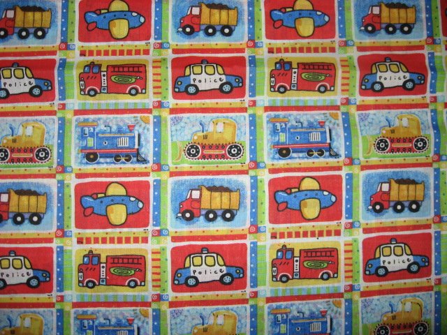 Image 1 of Train tractor airplane dump truck fire police cotton fabric to sew