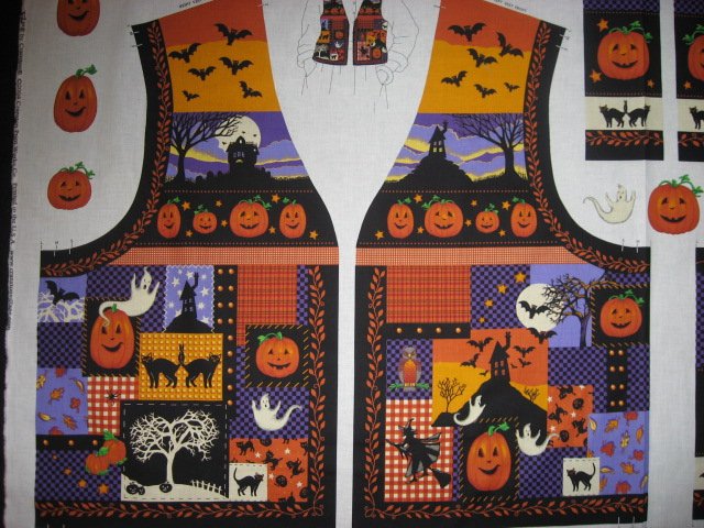 Image 1 of Halloween teacher vest fabric panel  ghost bat haunted house cat witch to sew