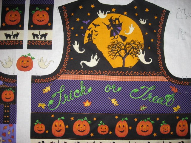 Image 0 of Halloween teacher vest fabric panel  ghost bat haunted house cat witch to sew