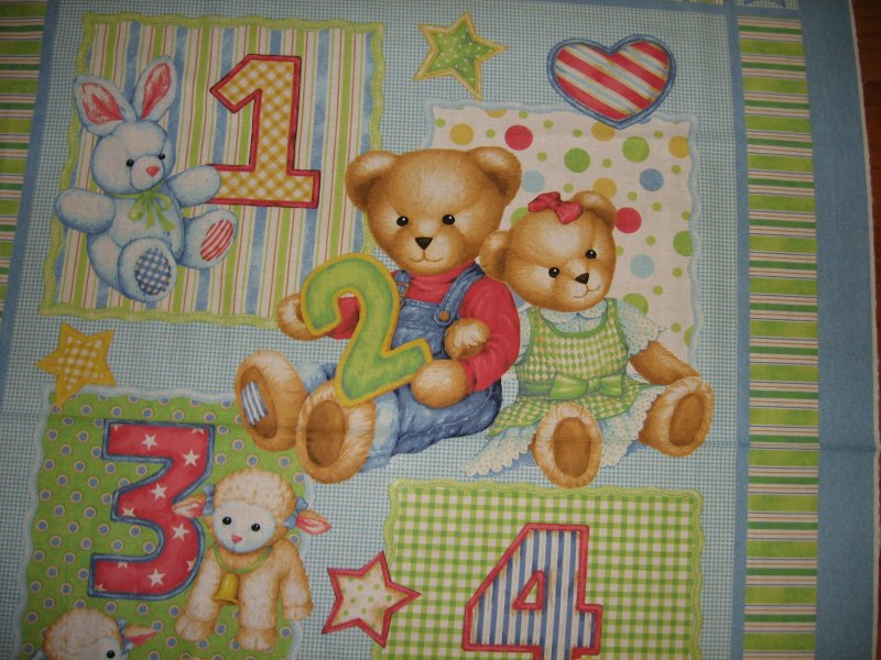 Image 1 of Teddy Bear blue jeans numbers Toys cotton Fabric Panel to Sew a quilt
