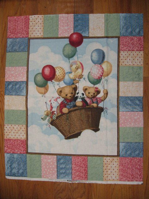 Image 0 of Blue Jean Teddy Bear Balloons Throw Fabric Panel to sew for boy or girl